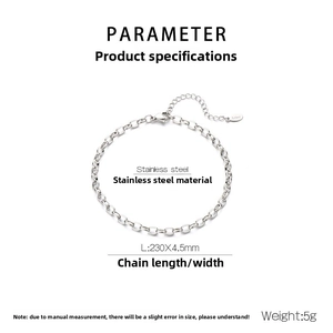 Polished stainless steel chain anklet showing 230mm length and 4.5mm width details