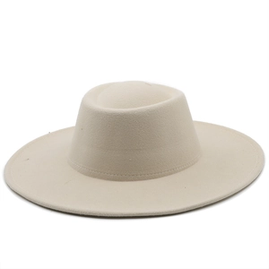 Detail of reinforced edge stitching on wide-brimmed off-white wool fedora hat