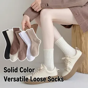 Chaussettes Slouch Mi-mollet pour Femmes Tricot Nervuré Couleur Unie Respirant Doux Décontracté Style Japonais pour le Quotidien