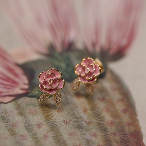 Elegant pink rose earrings with gold edges and micro-set zircon leaves for women