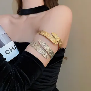 Retro Embossed Metal Arm Cuff Bangle Open Hollowed Out Vine Pattern Ethnic Style Jewelry For Women