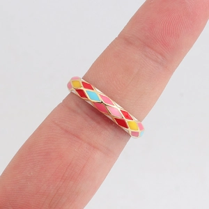 Colorful enamel geometric diamond pattern open ring with gold-plated metal base