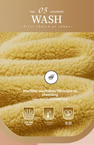 Detail of thickened yellow fleece bathrobe showing non-shedding and machine washable texture