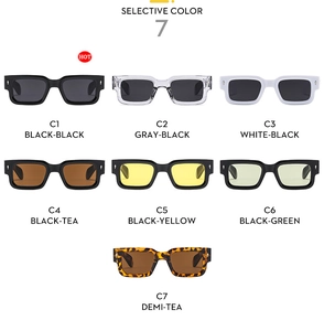 Selective color display of seven rectangular sunglasses with metallic cross accents