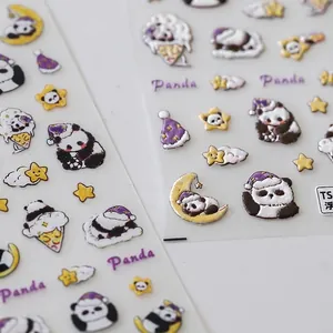 3D embossed panda nail stickers with purple sleep caps and moon star patterns
