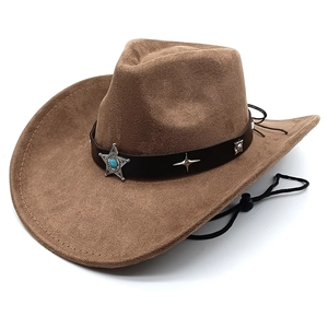 Close-up of brown suede cowboy hat with star emblem and turquoise stone detail