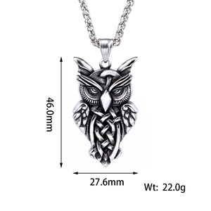 Detailed view of vintage silver owl pendant with Celtic knots showing size measurements