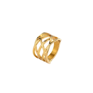 Wide hollow wire-wrapped 18k gold-plated stainless steel ring in minimalist style