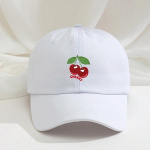 Berretto da baseball classico in cotone bianco con ricamo di ciliegie e scritta rossa