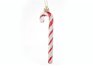 Detail of red and white candy cane ornament with glitter stripes and golden hanging cap