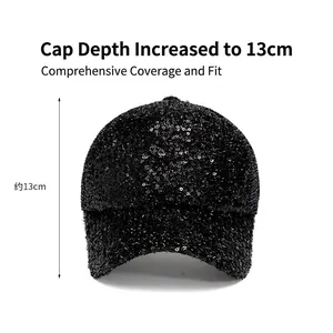 Casquette de baseball noire à paillettes pour femme avec calotte de 13cm de profondeur