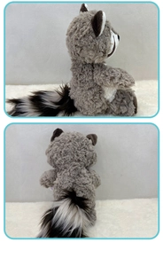 Detailed back and side view of a fluffy plush raccoon with a striped tail on white fabric
