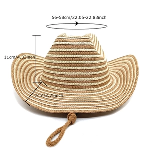 Two-tone woven straw cowboy beach hat with chin strap for summer outdoor sun protection