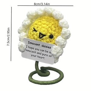 Detail view of handmade crochet daisy flower with dimensions and inspirational card