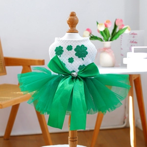 Pet St. Patrick's Day dress featuring green shamrock embroidery and mesh tutu skirt