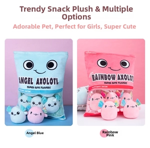 Plush snack bag pillow featuring blue and pink axolotl soft toys with cute expressions
