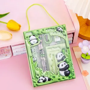 Detailed close-up of a green panda themed stationery set with ruler and school supplies