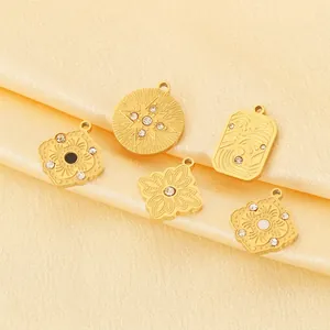 French Vintage Stainless Steel Charms Pendants For DIY Jewelry Making Embossed Zircon Inlaid Necklace Bracelet Accessory