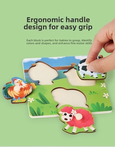 Macro view of wooden farm animal puzzle showing easy-to-grip knobs for fine motor training