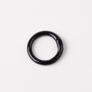 Detailed view of a 23mm black round spring snap hook made of durable metal alloy