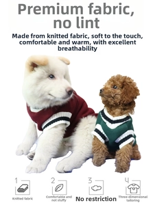 Detail view of V-neck pet knit vests in burgundy and green colors for small dogs
