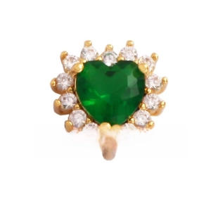 Detail of heart-shaped gold earring with emerald green gemstone and zircon halo