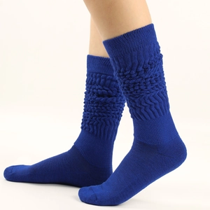 Close-up of navy blue knit slouch socks featuring textured bubble pattern and ribbed cuffs