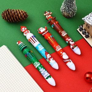 Christmas 10-color ballpoint pen set featuring Santa, snowman, and reindeer toppers