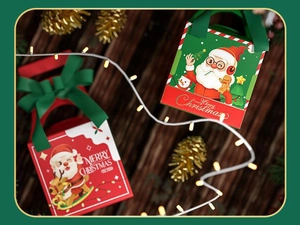 Detail of Christmas gift boxes in red and green with ribbon handles and festive artwork