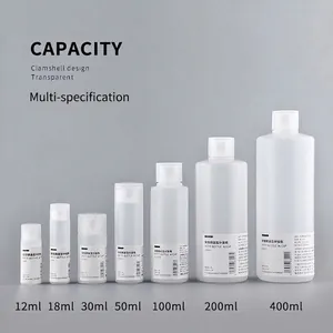 Set of clear plastic travel flip-top squeeze bottles in seven sizes from 12ml to 400ml