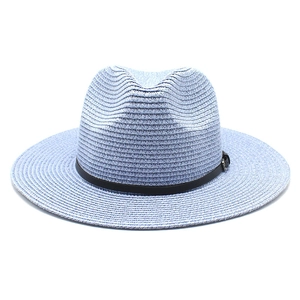 Light blue foldable straw Fedora hat with black ribbon band and wide brim for sun protection