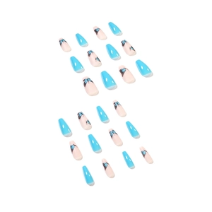 Sky blue press-on nails with butterfly designs and coffin shape, 24-piece full set
