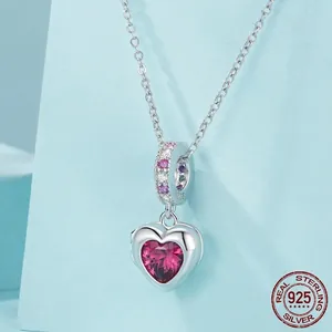 S925 sterling silver heart locket necklace with pink gemstone and zircon pavé charm
