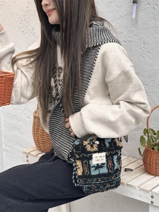 Retro plush patchwork crossbody bag with striped strap for autumn winter casual wear