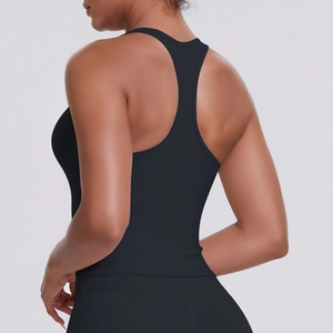 Detailed back view of a black racerback sports bra with elastic moisture-wicking fabric