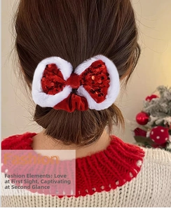 Detailed view of red sequin bow hair tie with white plush trim worn by a model