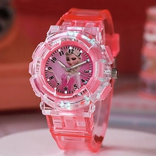 Detail of pink silicone watch face featuring frozen princess cartoon illustration