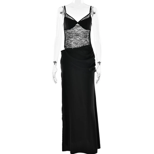 Elegant black lace patchwork maxi slip dress for women with floral hollow-out details