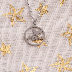 Silver stainless steel butterfly Mama pendant necklace on star pattern background