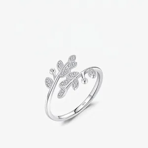 925 Sterling Silver Leaf Ring For Women Adjustable Olive Branch Cubic Zirconia Elegant Minimalist Jewelry