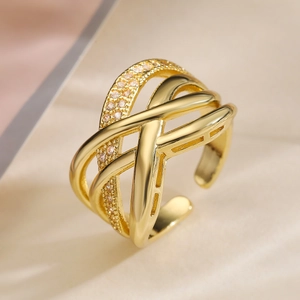 Fashion Geometric Cross Line Open Ring Copper 18K Gold Plated Zirconia Inlaid Adjustable Finger Ring Women Jewelry Gift