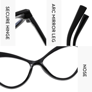 Dettaglio degli occhiali cat-eye con cerniere in metallo e stanghette ergonomiche curve