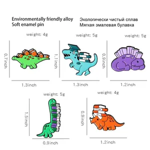 Size chart showing dinosaur enamel pin dimensions and environmentally friendly alloy material