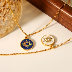 Gold stainless steel evil eye necklaces with colorful enamel and rhinestone pendants
