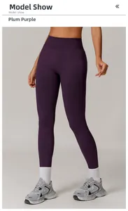 Detail shot of high-waist plum purple seamless leggings with tummy control feature