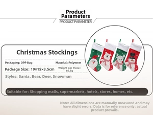 Detailed specifications of polyester Christmas stockings with 3D Santa and reindeer designs