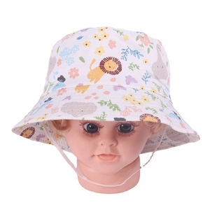 Detail of baby sun bucket hat with lion and elephant prints and adjustable chin strap
