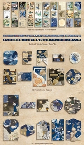 Flat lay of vintage celestial stationery set with blue star maps and moon phase tapes