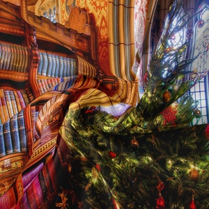 Close-up of the smooth, silky fabric texture on a festive Christmas tree wall tapestry