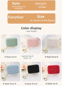 Detailed grid showing six colors of mini quilted leather lipstick pouches with gold chains